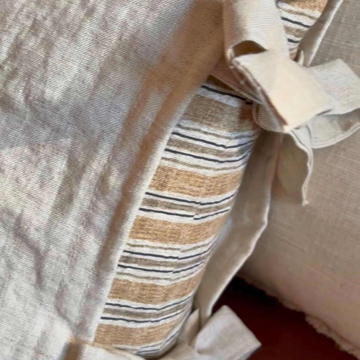 Harvest Time Lumbar Linen Tie Pillow w/neutral stripe pillow insert
