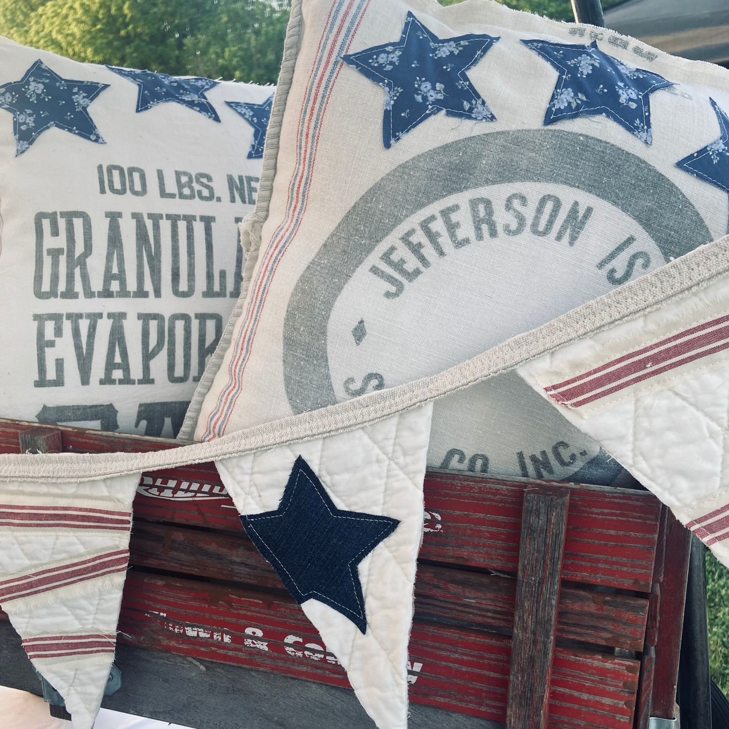 Americana Vintage Feed Sack Patriotic Pillow-Jefferson Salt Co.