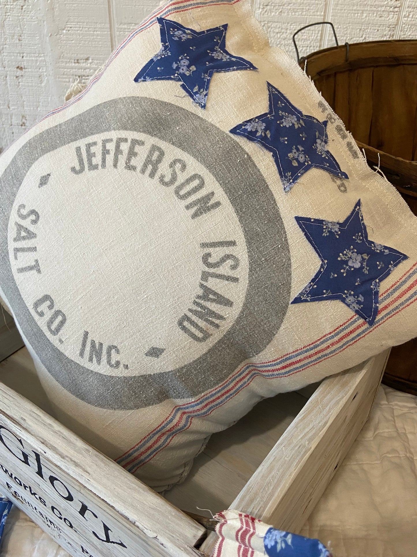 Americana Vintage Feed Sack Patriotic Pillow-Jefferson Salt Co.