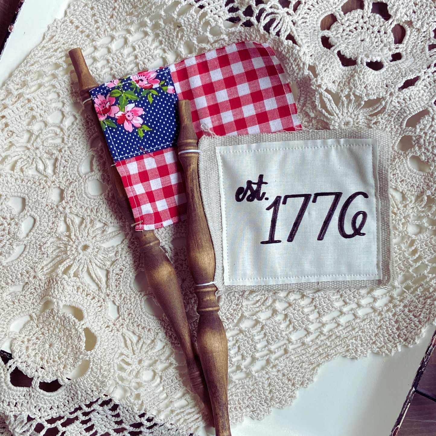 Patriotic Spindle Fabric Flags Gingham & Blue Floral & 1776