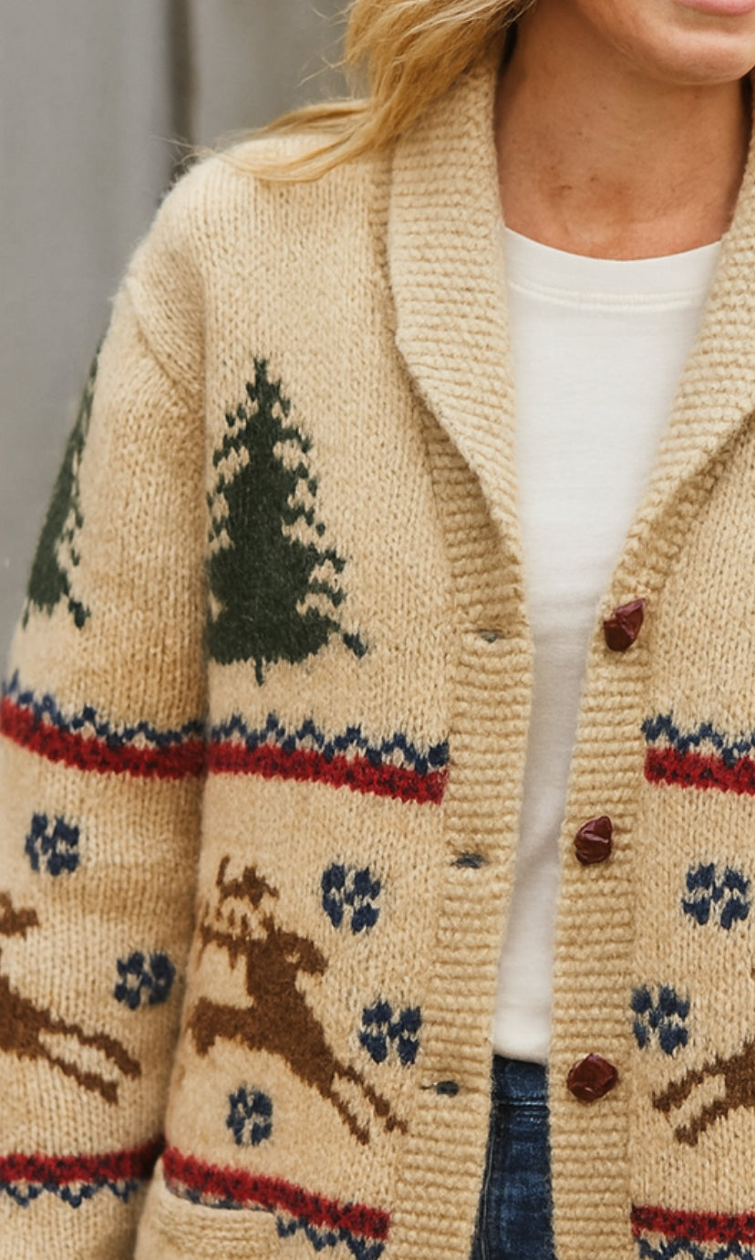Vintage L.L. Bean Hand-Knit Wool Cardigan – Reindeer & Pine Trees