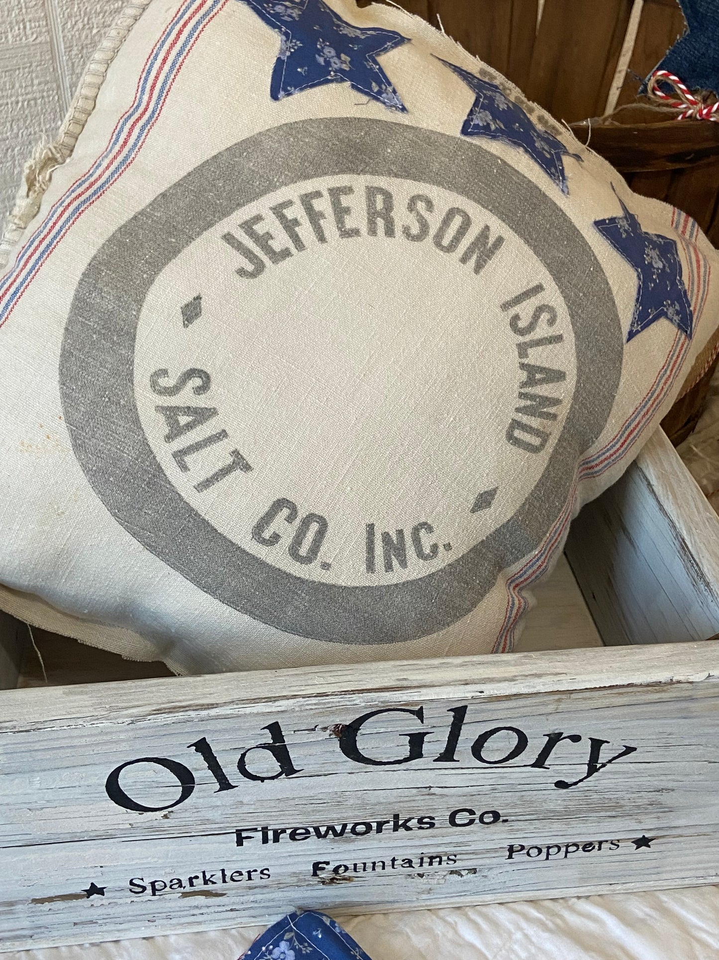 Americana Vintage Feed Sack Patriotic Pillow-Jefferson Salt Co.
