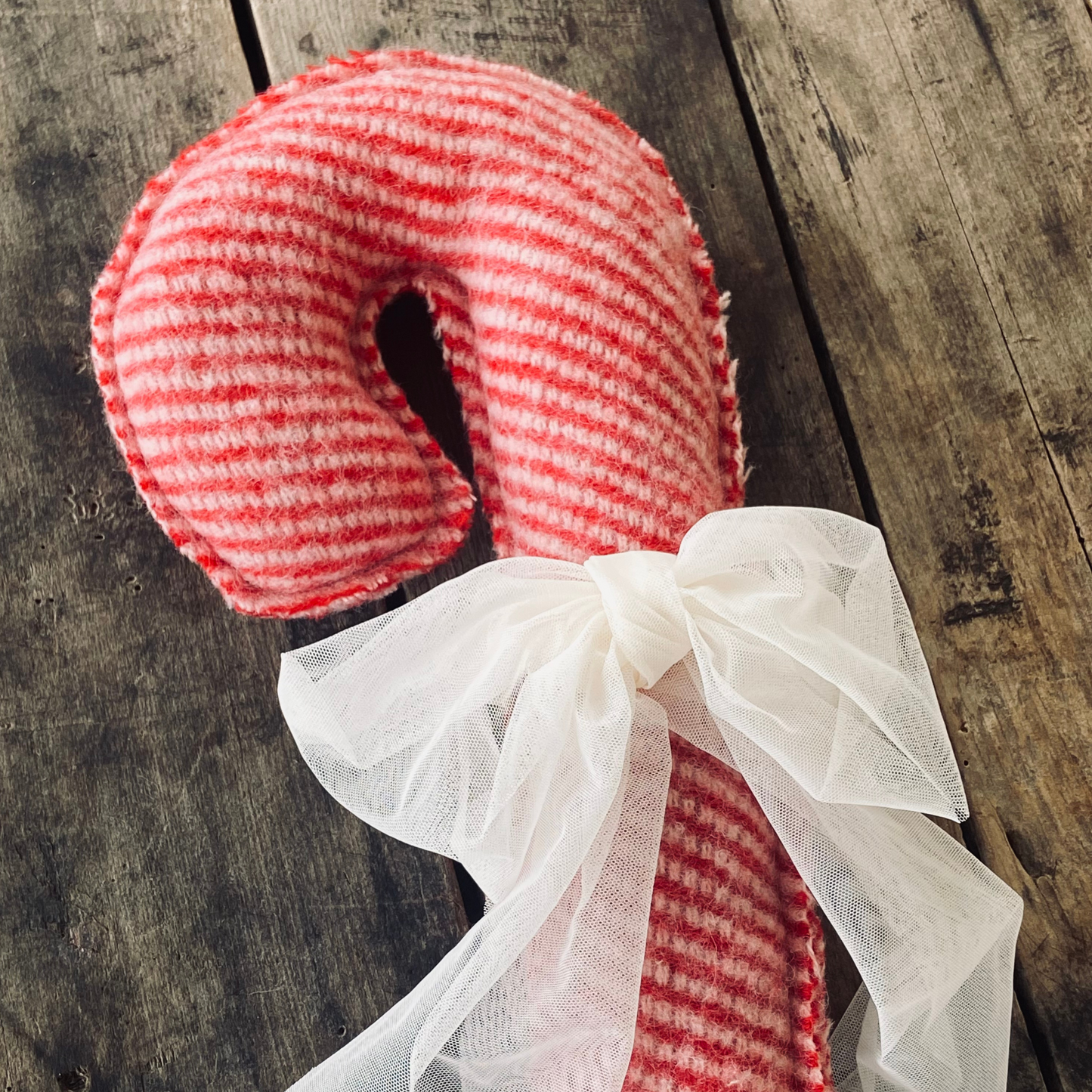 Large Plush Candy Cane Christmas Pillow from Vintage Wool Striped Blanket