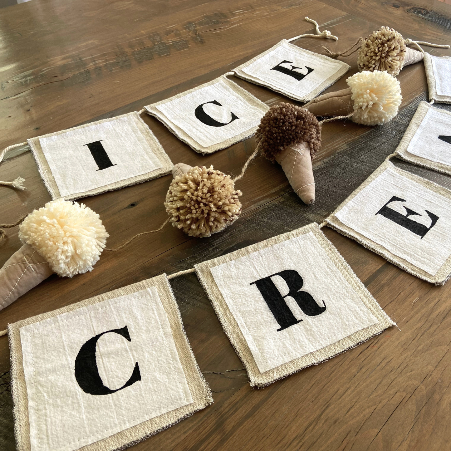 Quilted Ice Cream Cones & Neutral Pom Pom Ice Cream Scoops-chocolate, vanilla & cookie dough