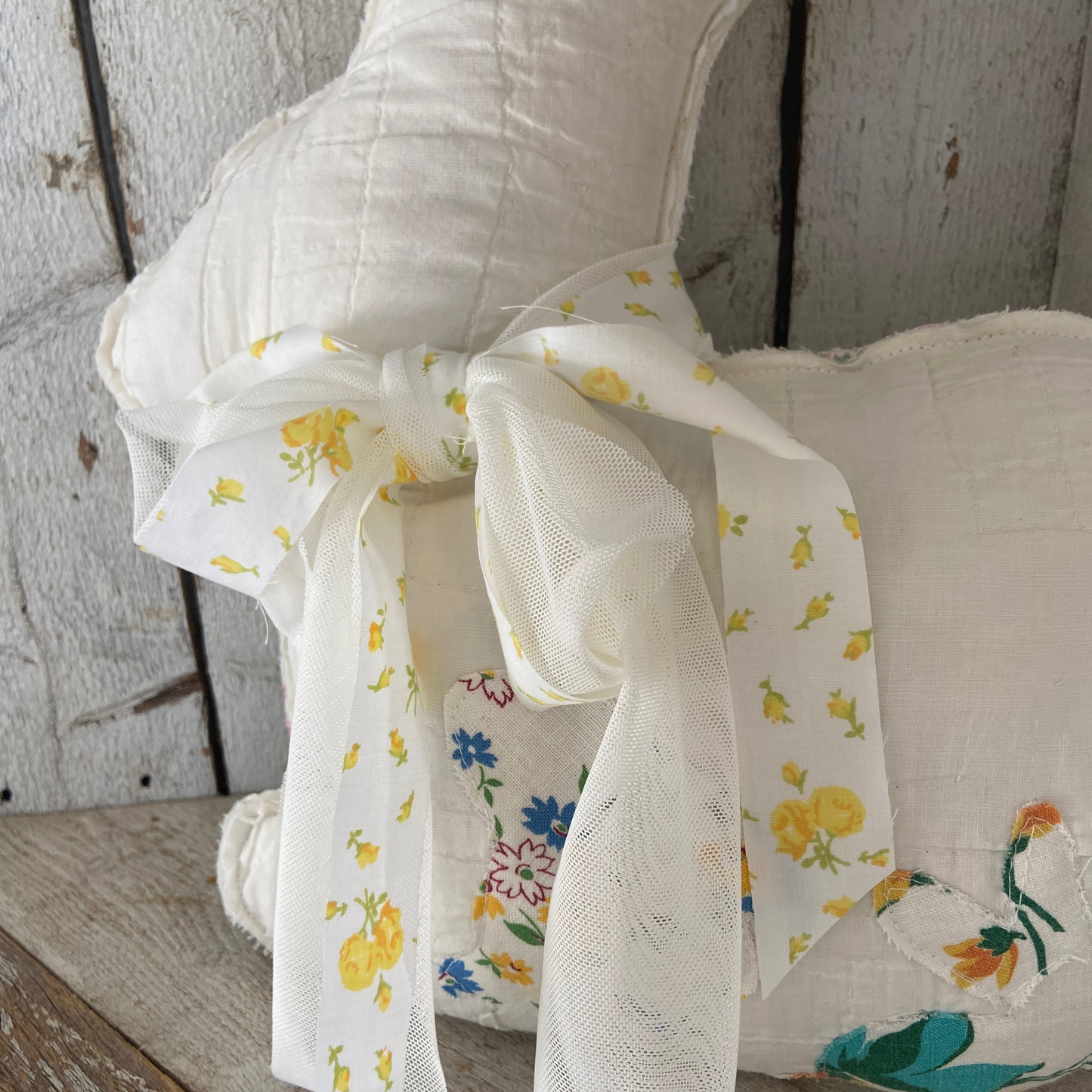 Large Vintage Quilted Rabbit w/Flour Sac Fabric Embellished Baby Bunnies