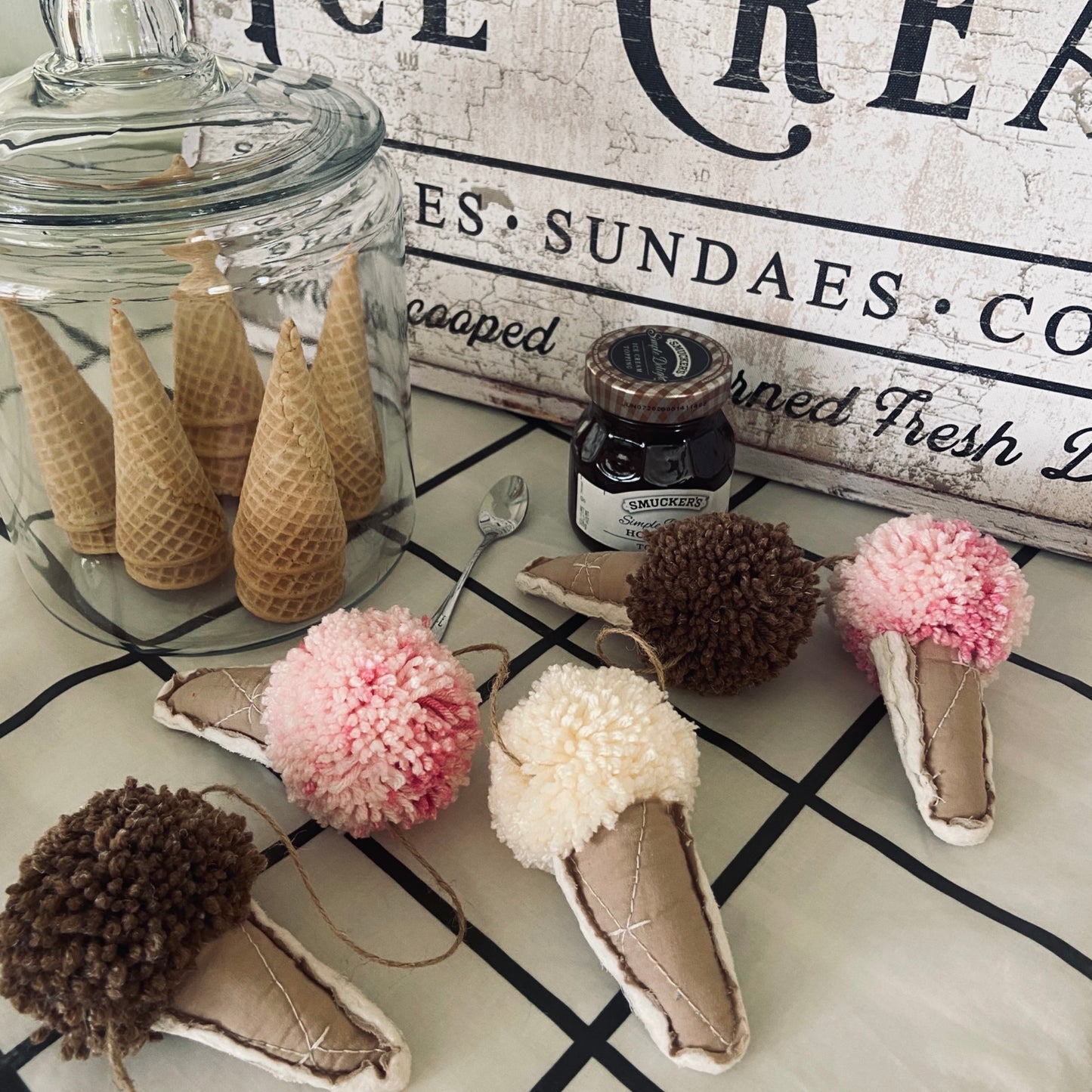 Quilted Ice Cream Cones & Pom Pom Scoops Garland-strawberry, chocolate, vanilla