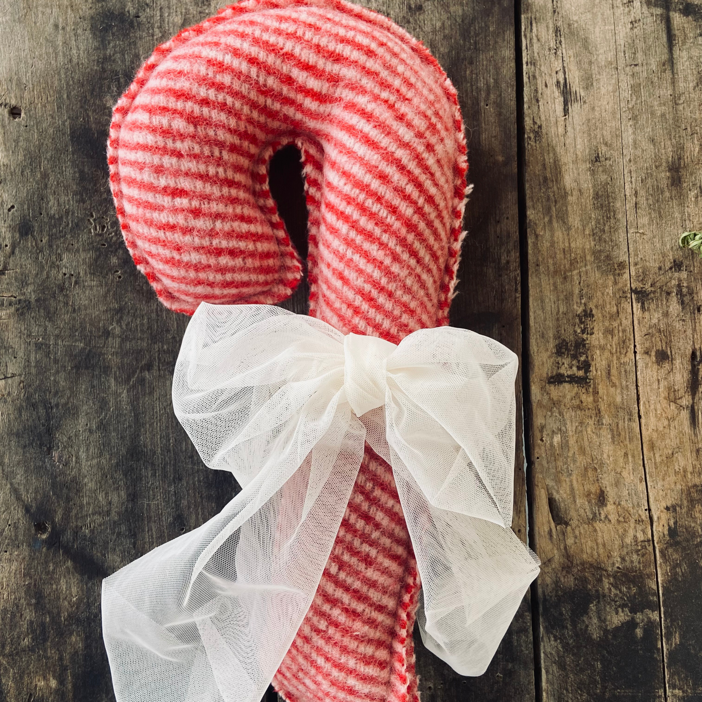 Large Plush Candy Cane Christmas Pillow from Vintage Wool Striped Blanket