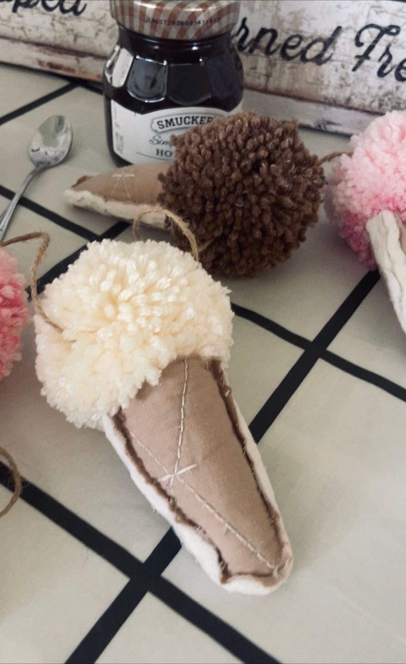 Quilted Ice Cream Cones & Pom Pom Scoops Garland-strawberry, chocolate, vanilla