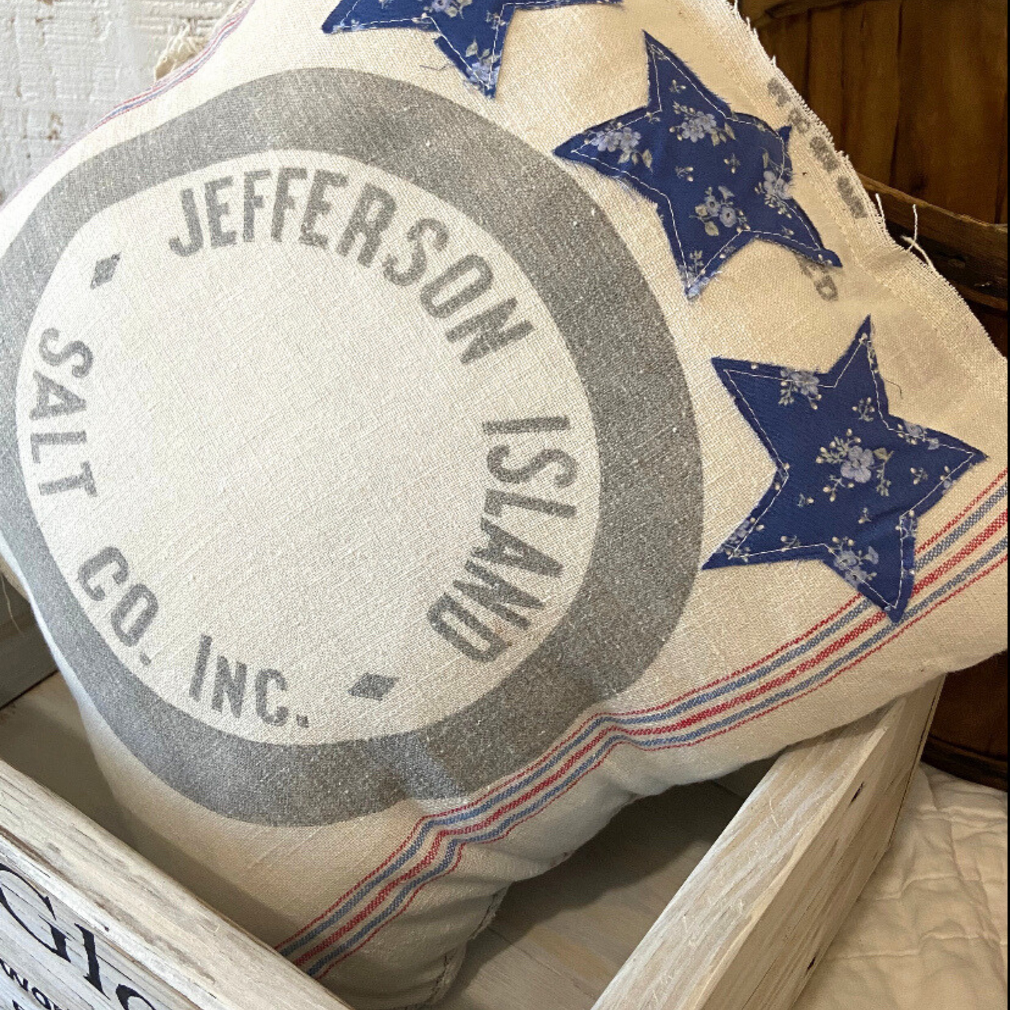 Americana Vintage Feed Sack Patriotic Pillow-Jefferson Salt Co.
