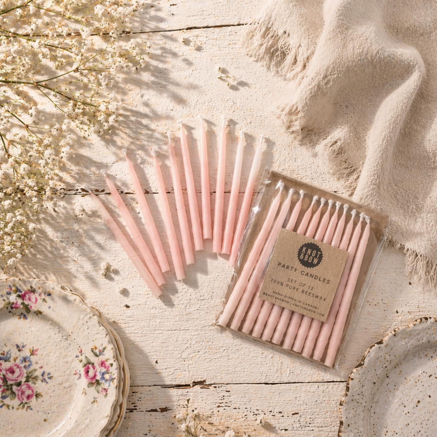 Pink Hand-Dipped Beeswax Birthday Candles - Set of 12