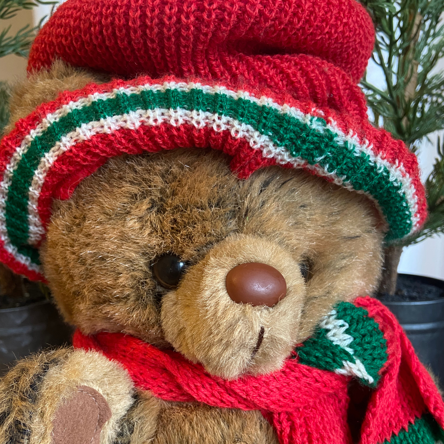 Vintage Christmas Brown Bear with Red and Green Knitted Hat & Scarf