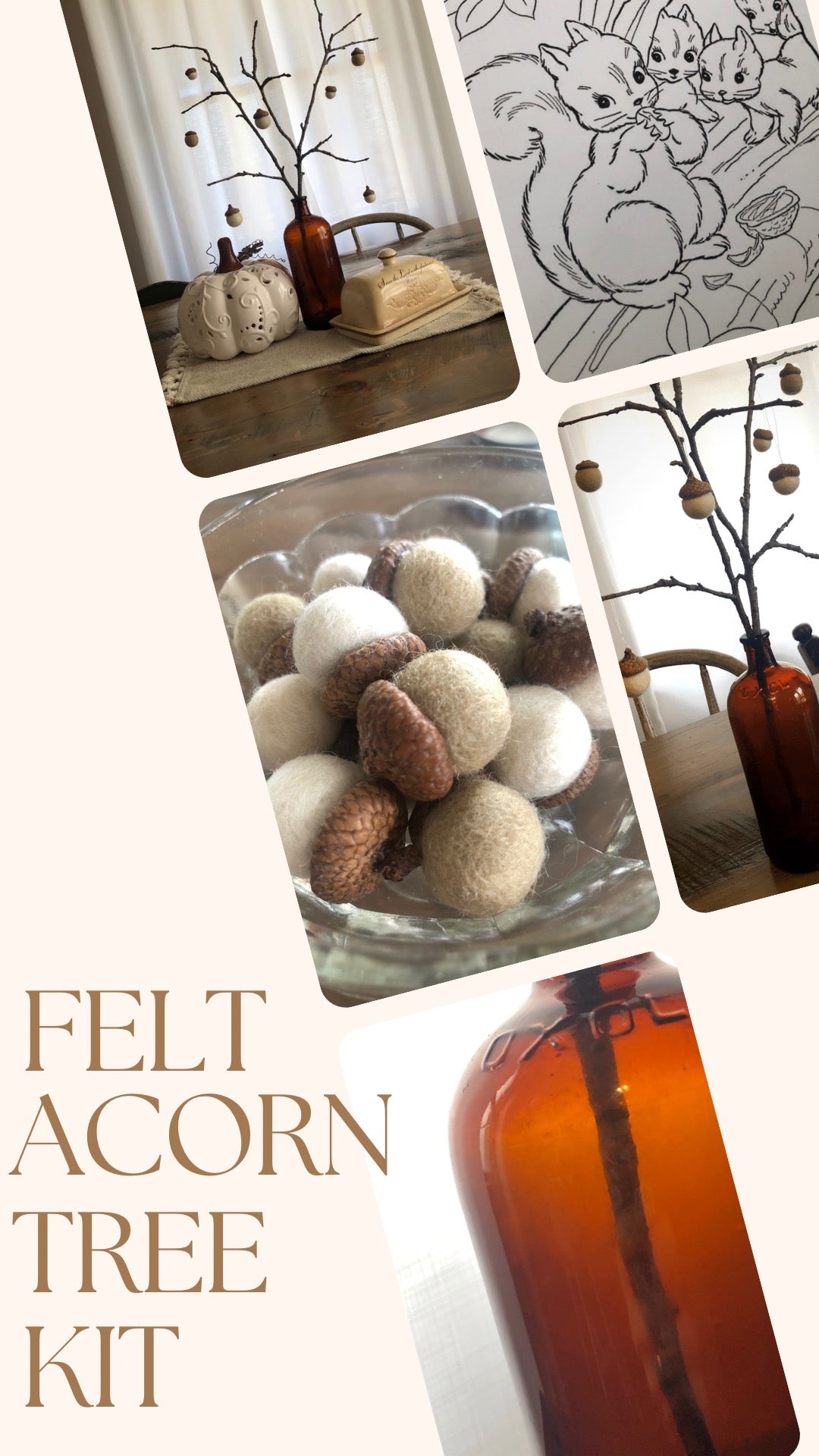 Felted Wool Acorns Tree, Fall Decor DIY Kit, Red Oak Caps, Felted Wool Balls w/ Amber Bottle