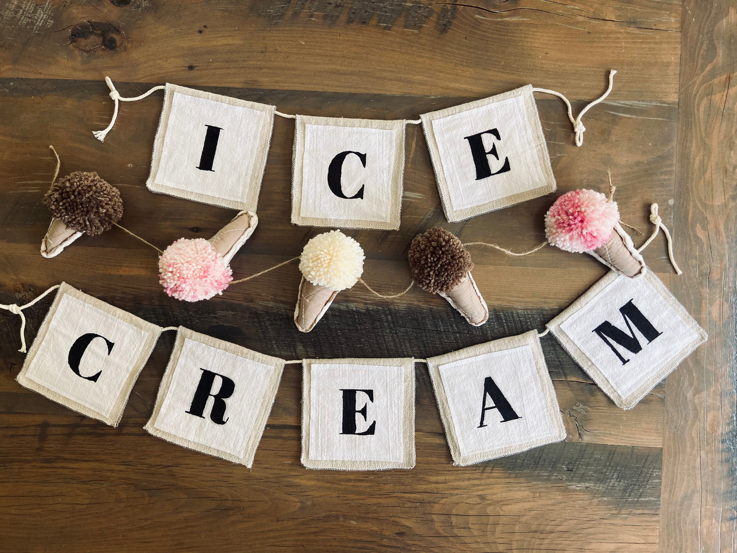 Quilted Ice Cream Cones & Pom Pom Scoops Garland-strawberry, chocolate, vanilla