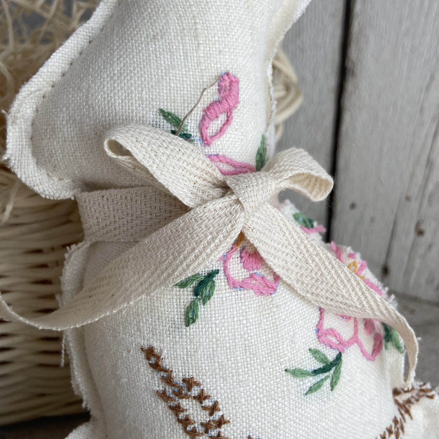 Vintage Quilt Bunny Bowl Fillers – Rabbits with Pink Embroidered Floral-set of 2