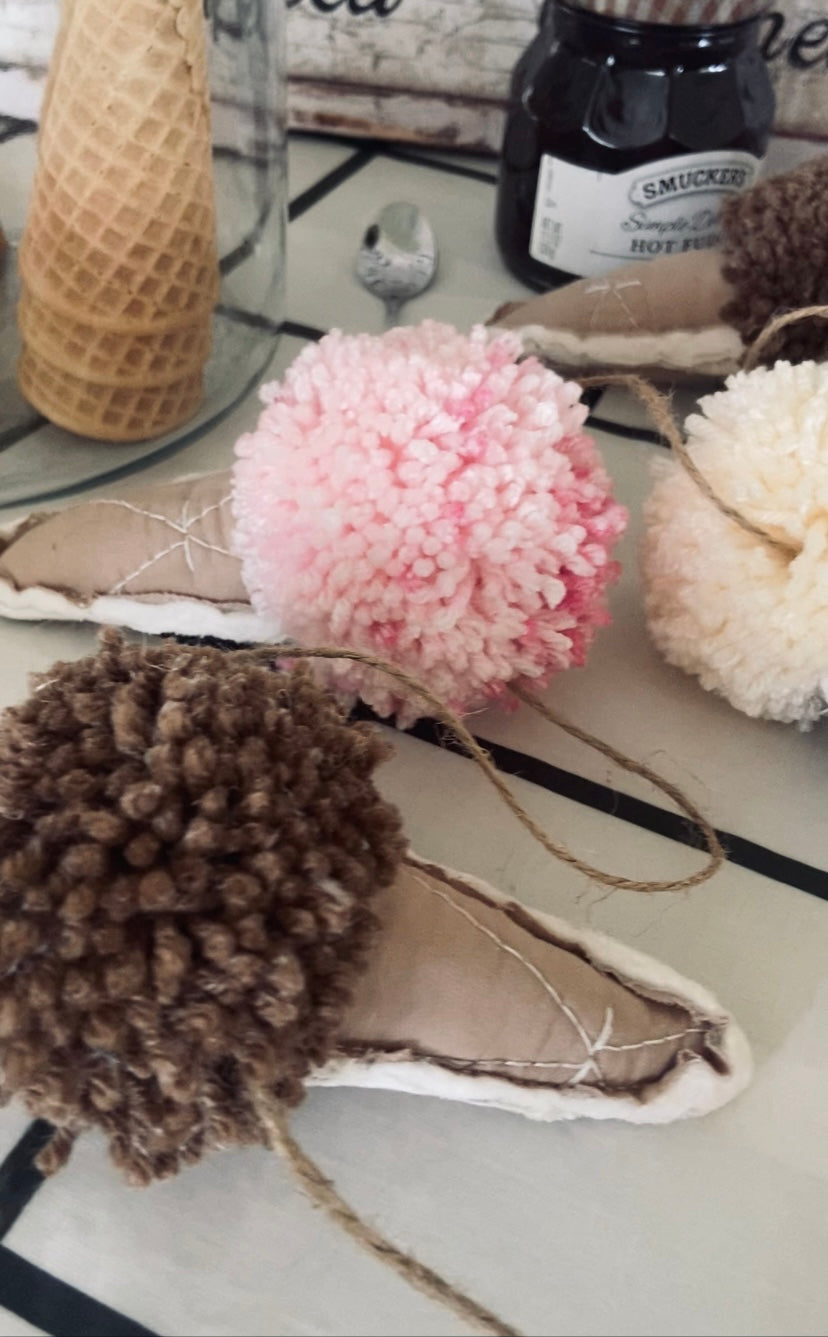Quilted Ice Cream Cones & Pom Pom Scoops Garland-strawberry, chocolate, vanilla