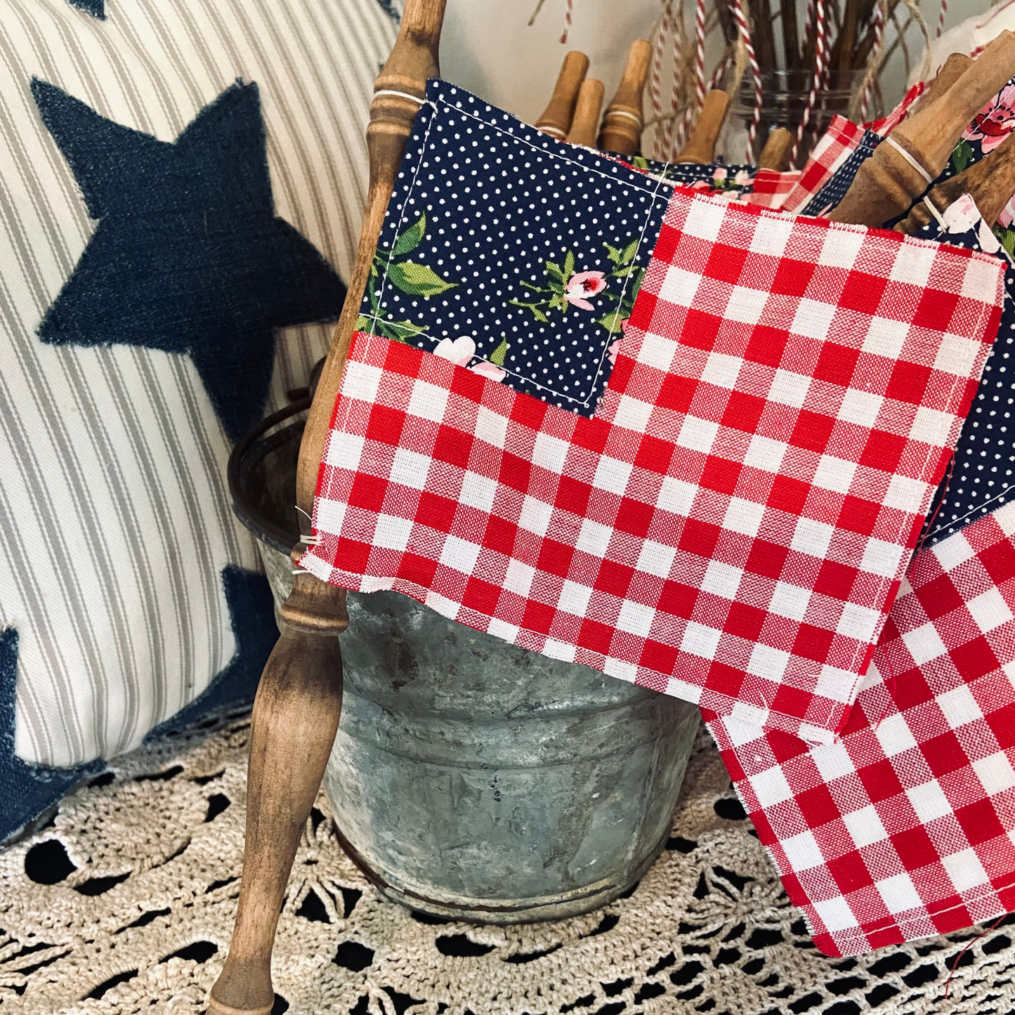 Patriotic Spindle Fabric Flags Gingham & Blue Floral & 1776