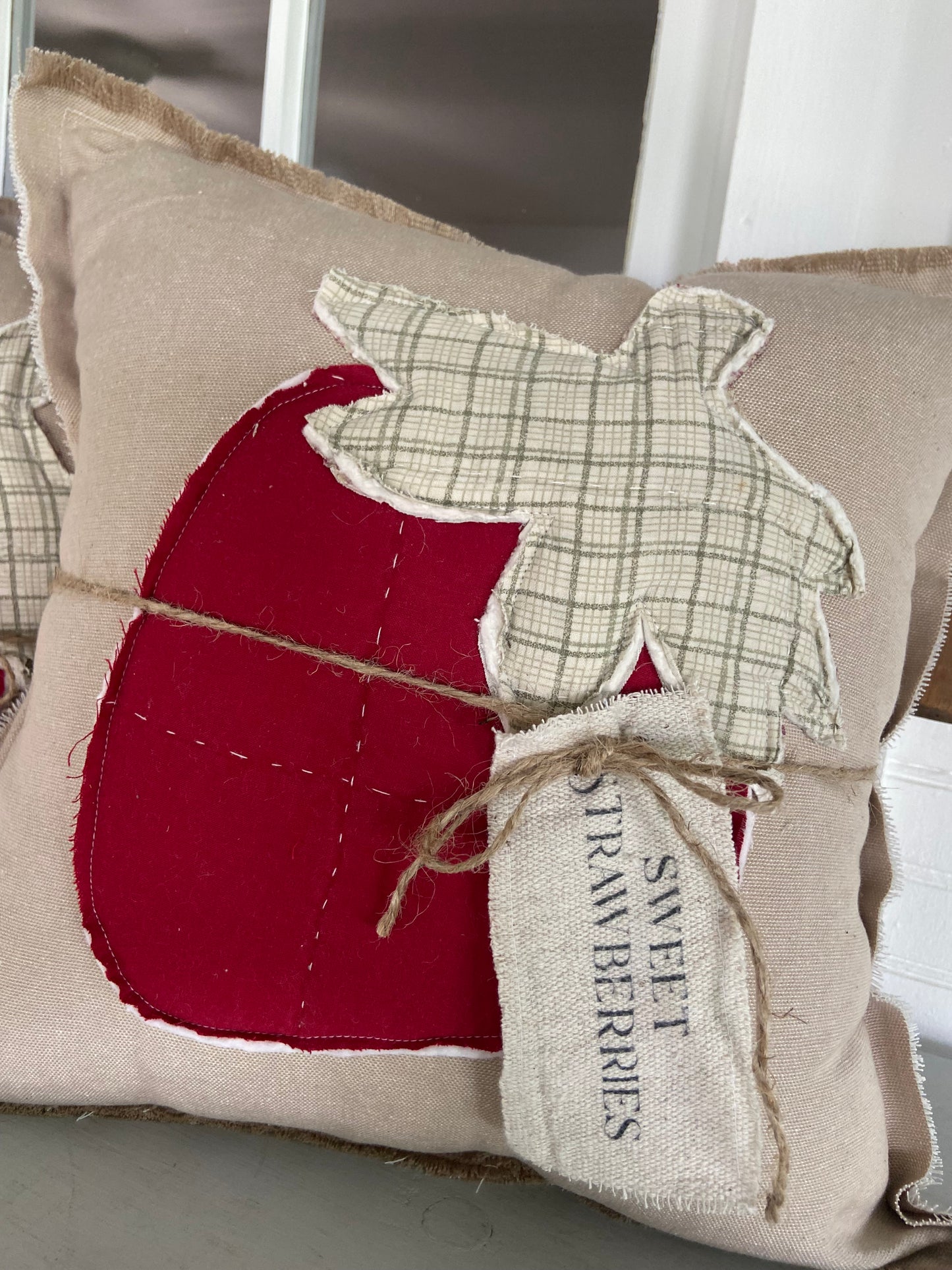 Farmhouse Sweet Strawberry Pillow – 14” x 14” Vintage-Inspired Canvas & Quilt