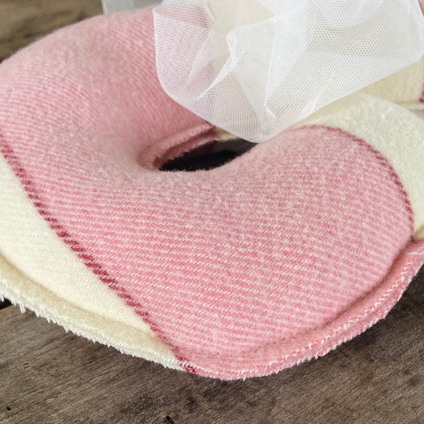 Large Pink Candy Cane Christmas Pillow from Pink Striped Vintage Wool Blanket-16 inch