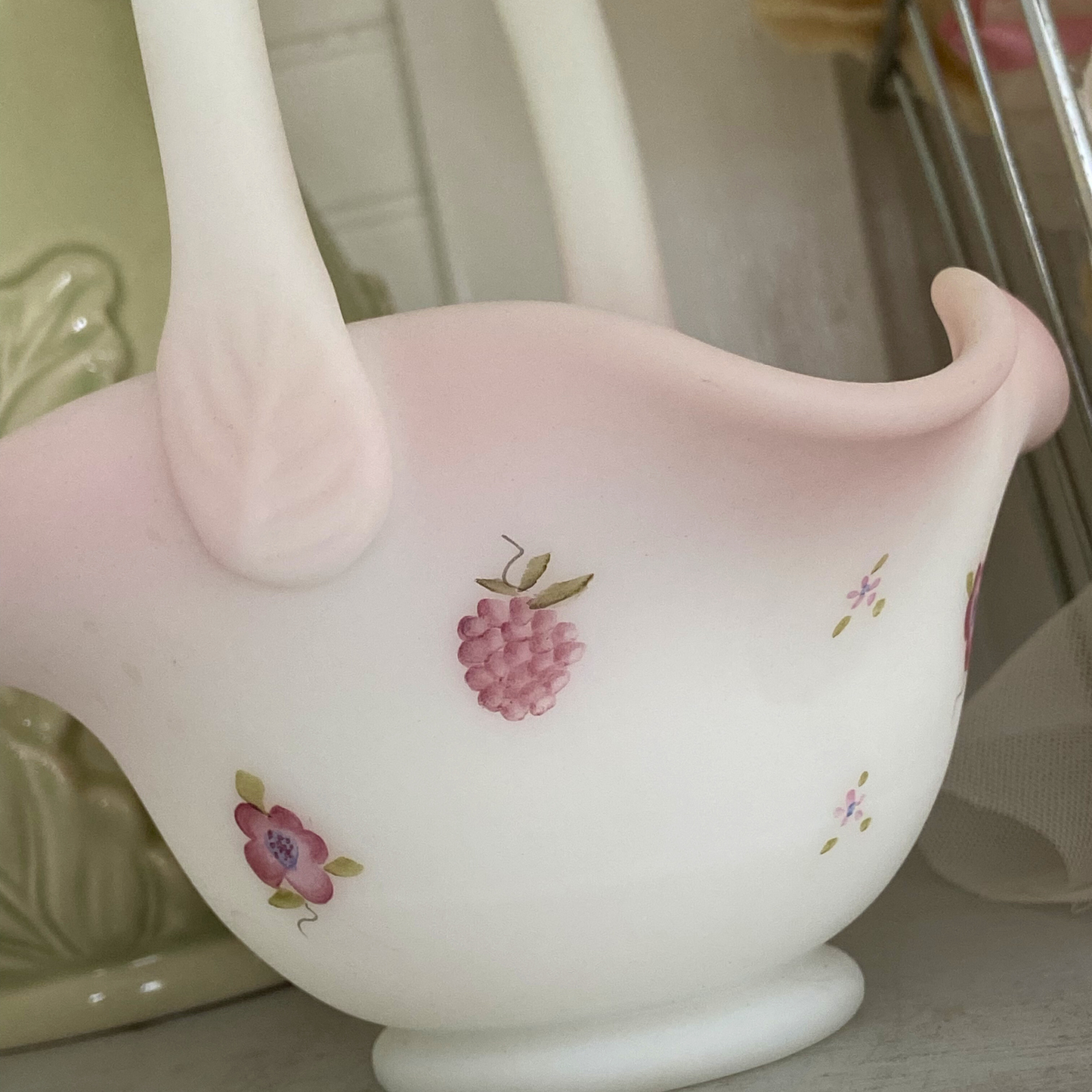 Fenton Satin Glass “Berries & Blooms” Basket – Hand Painted Pink Floral Milk Glass