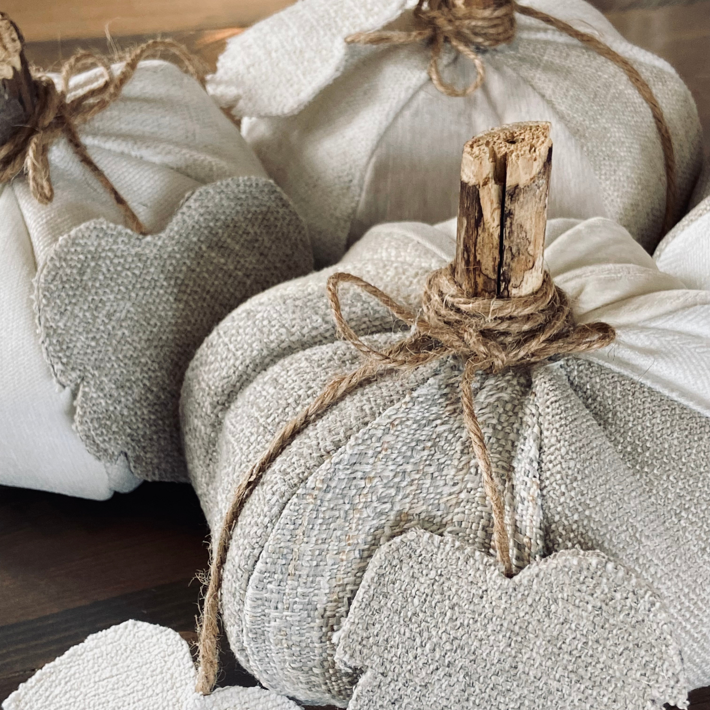 Patchwork Pumpkins from Vintage Fabrics w/Rustic Wood Stem