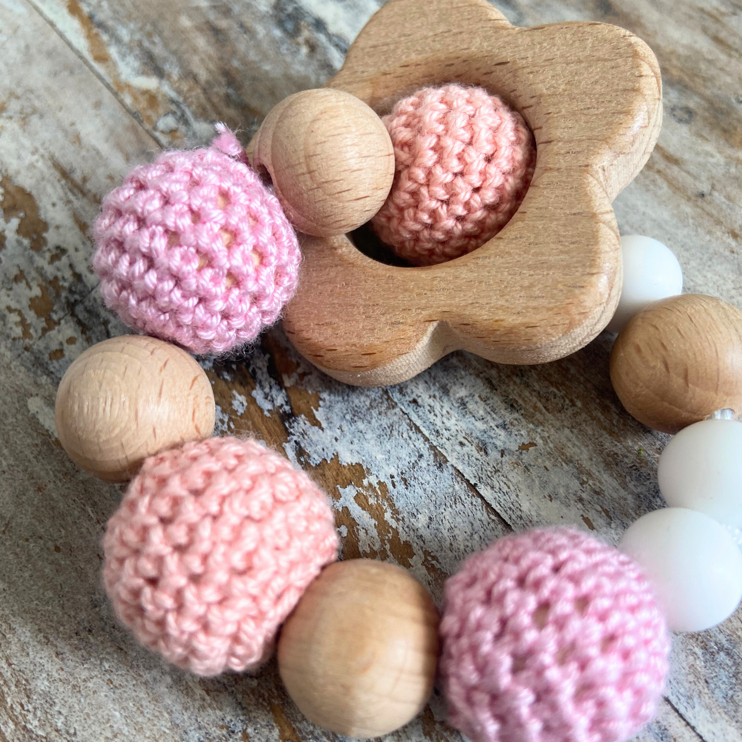 Spring Wooden Baby Teether with crocheted, silicone and wooden beads