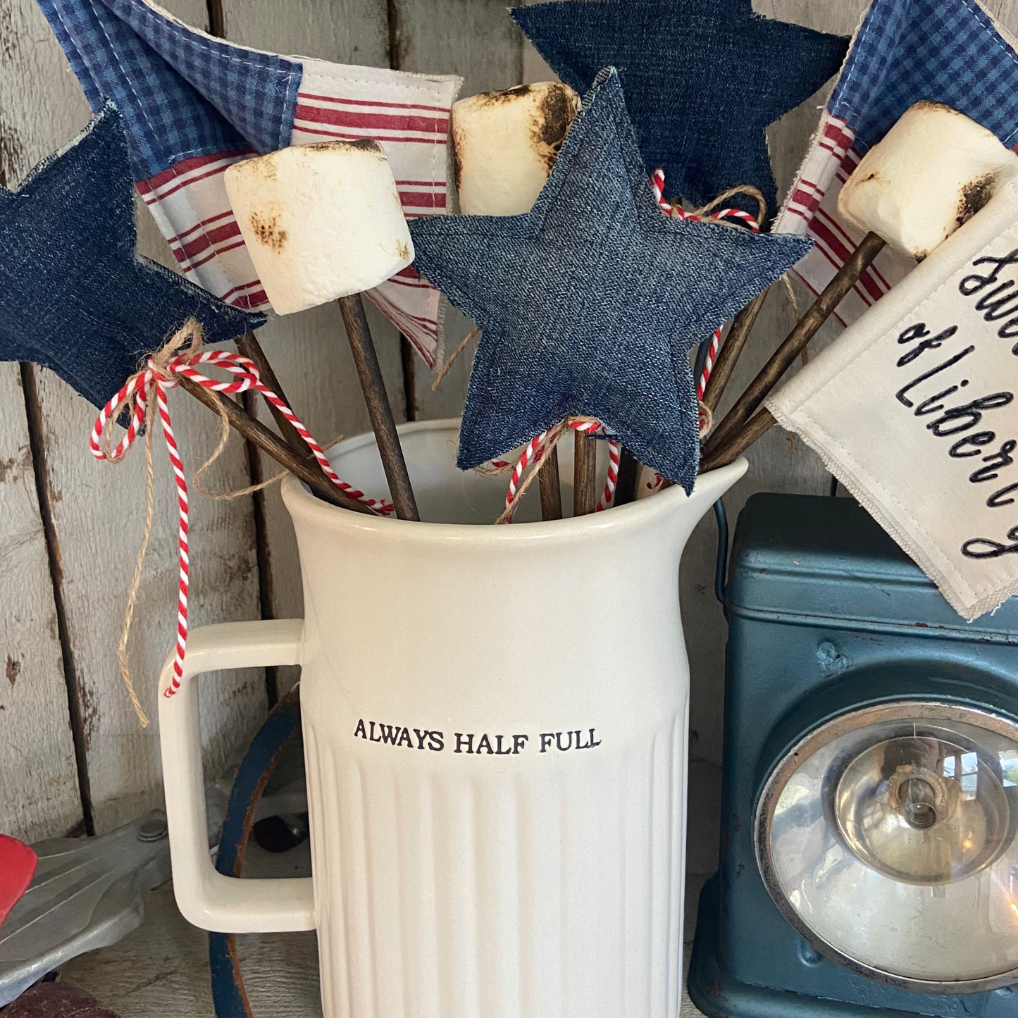 Vintage Fabric Flag on Rustic Stained Stick for 4th of July or Patriotic Decor