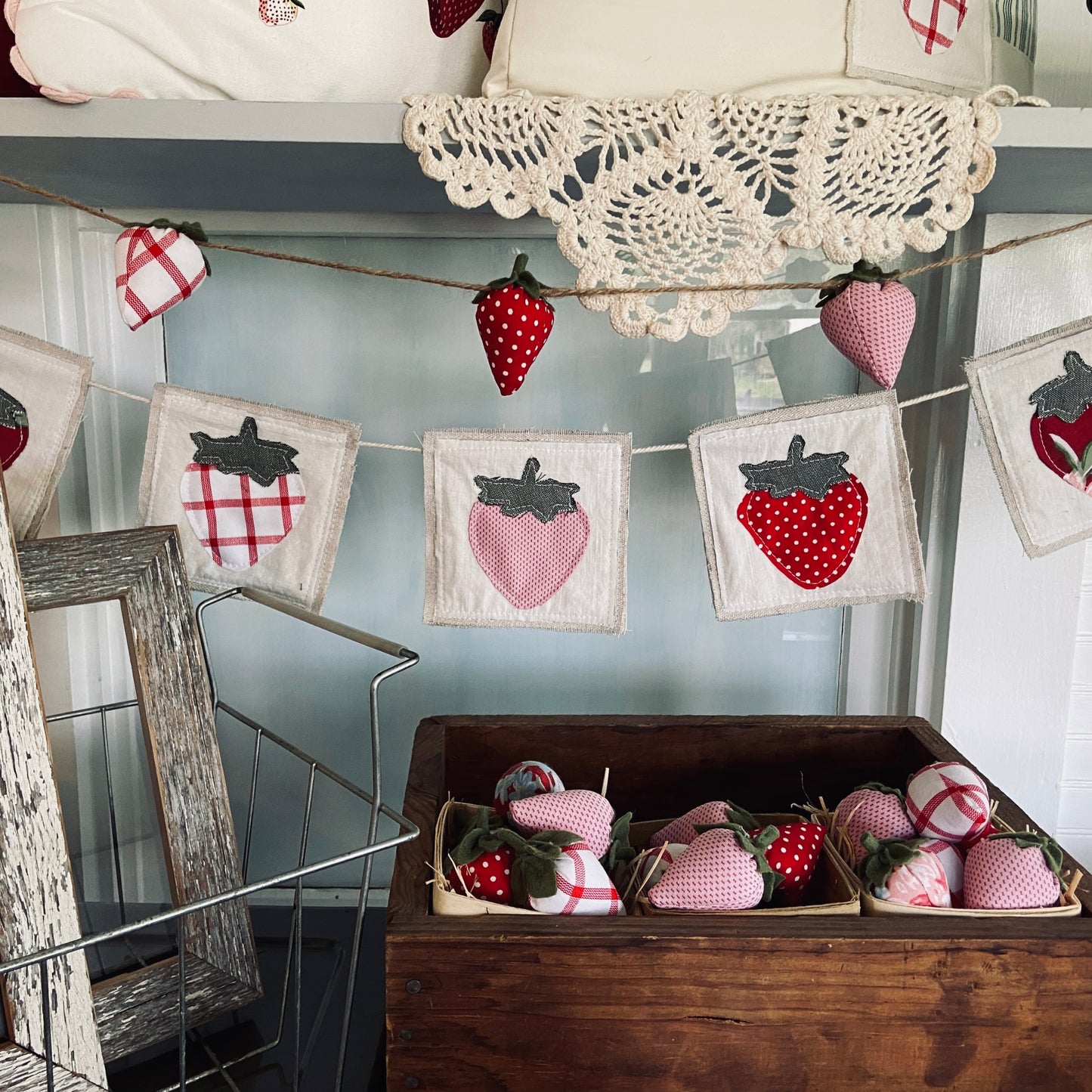 Strawberry Farmhouse Banner – 4ft Canvas & Vintage Fabric Bunting for Summer & Market Days