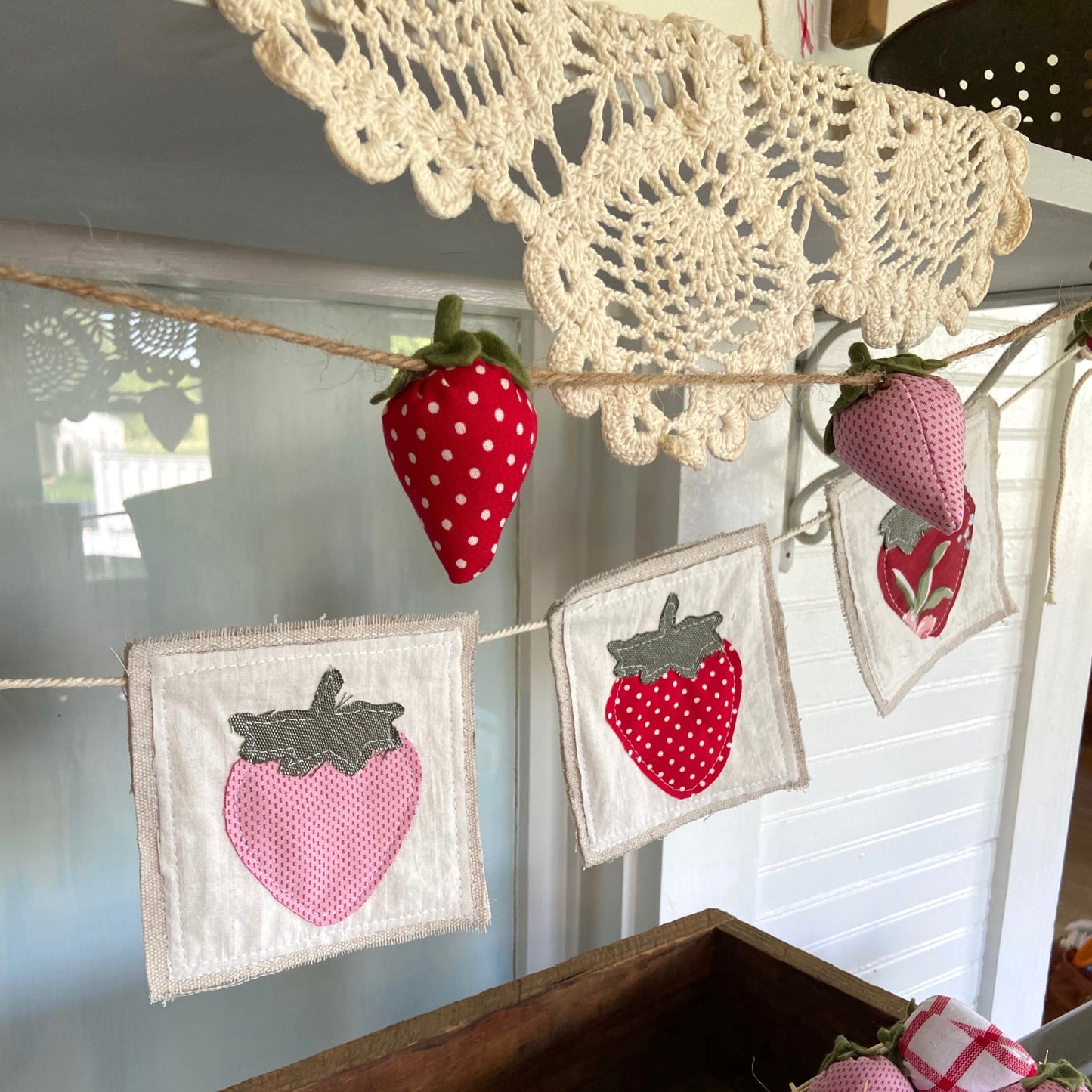 Strawberry Farmhouse Banner – 4ft Canvas & Vintage Fabric Bunting for Summer & Market Days