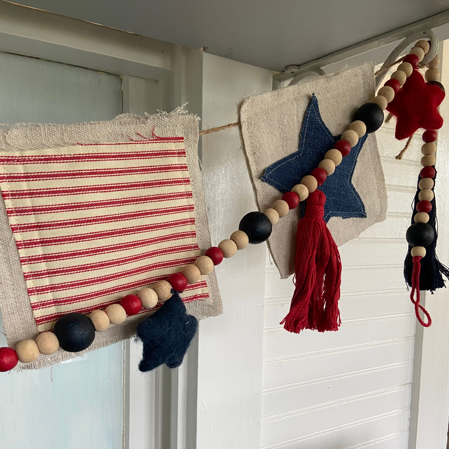 Patriotic Fabric Bunting Banner Red Stripe & Denim Stars for 4th of July Decor