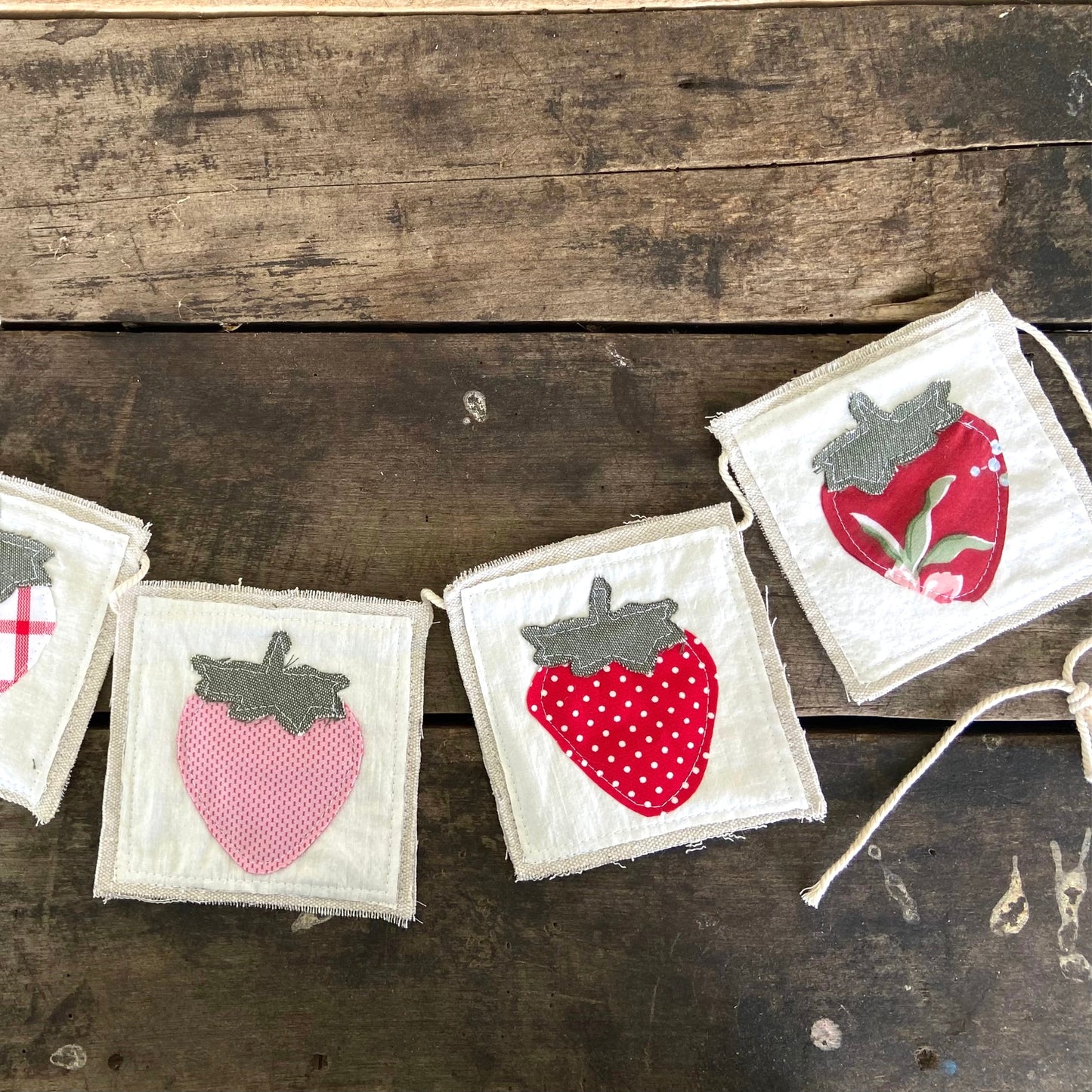 Strawberry Farmhouse Banner – 4ft Canvas & Vintage Fabric Bunting for Summer & Market Days