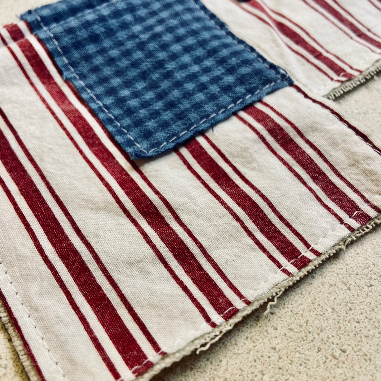 Vintage Fabric Flag on Rustic Stained Stick for 4th of July or Patriotic Decor