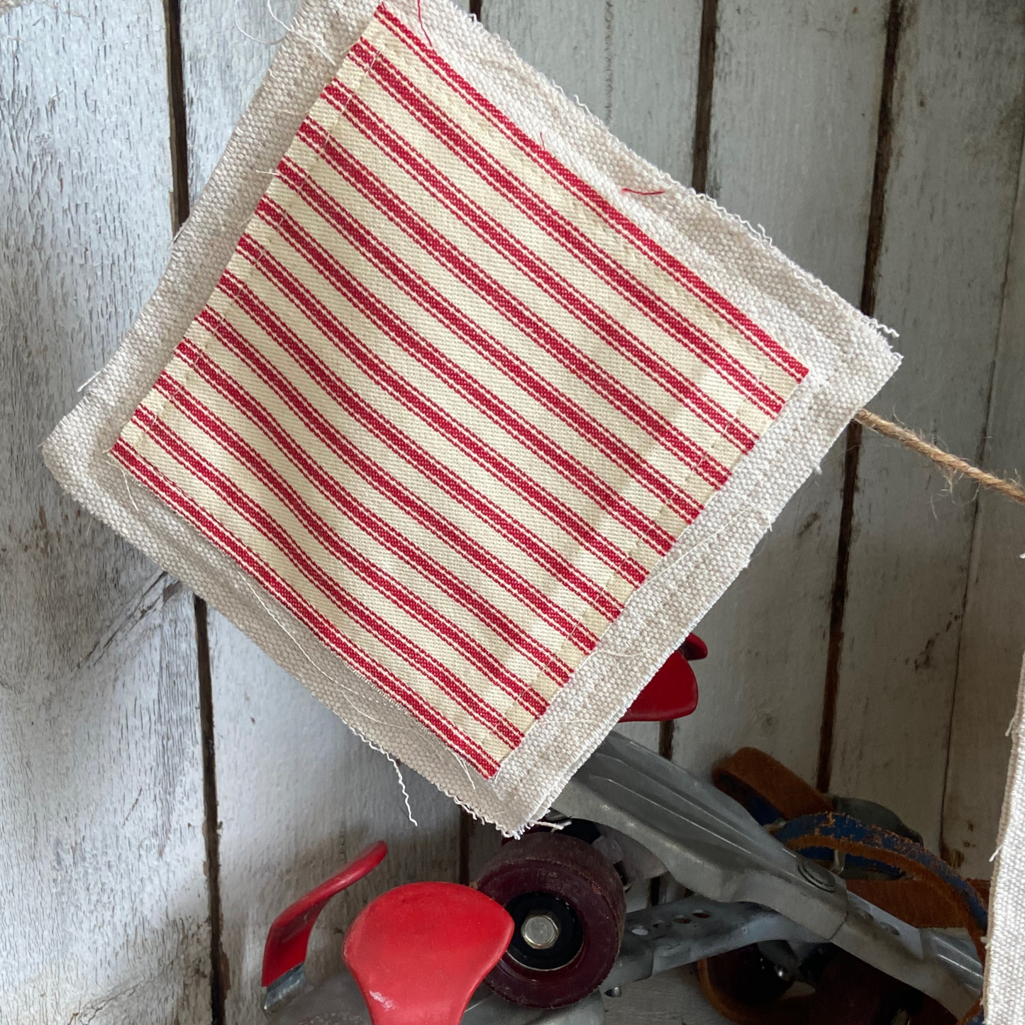 Patriotic Fabric Bunting Banner Red Stripe & Denim Stars for 4th of July Decor