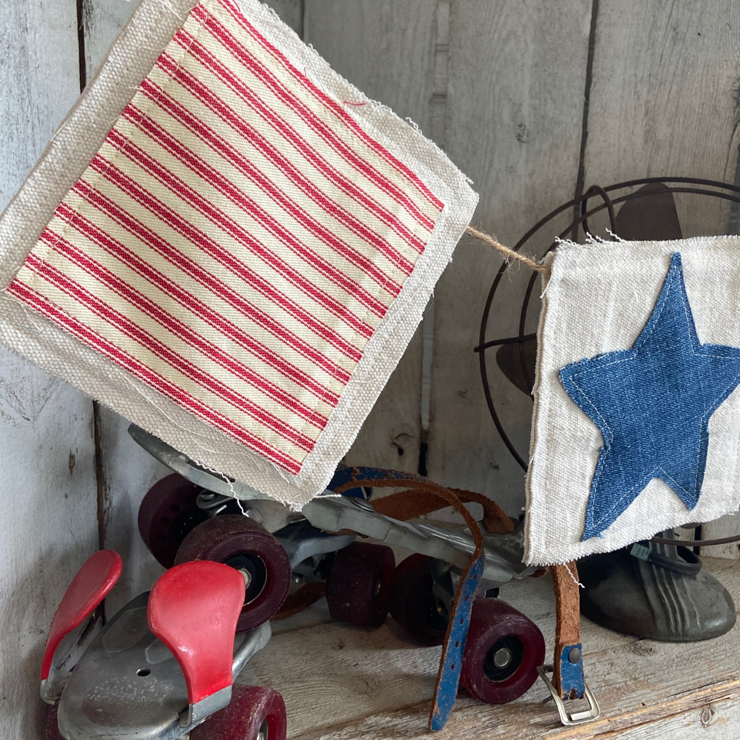 Patriotic Fabric Bunting Banner Red Stripe & Denim Stars for 4th of July Decor
