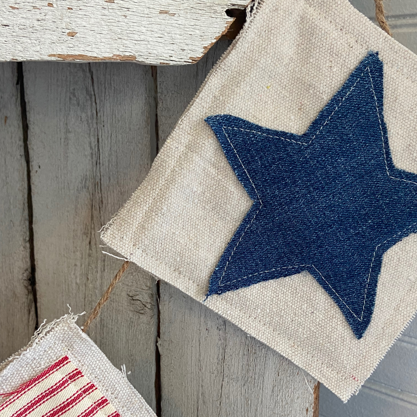 Patriotic Fabric Bunting Banner Red Stripe & Denim Stars for 4th of July Decor