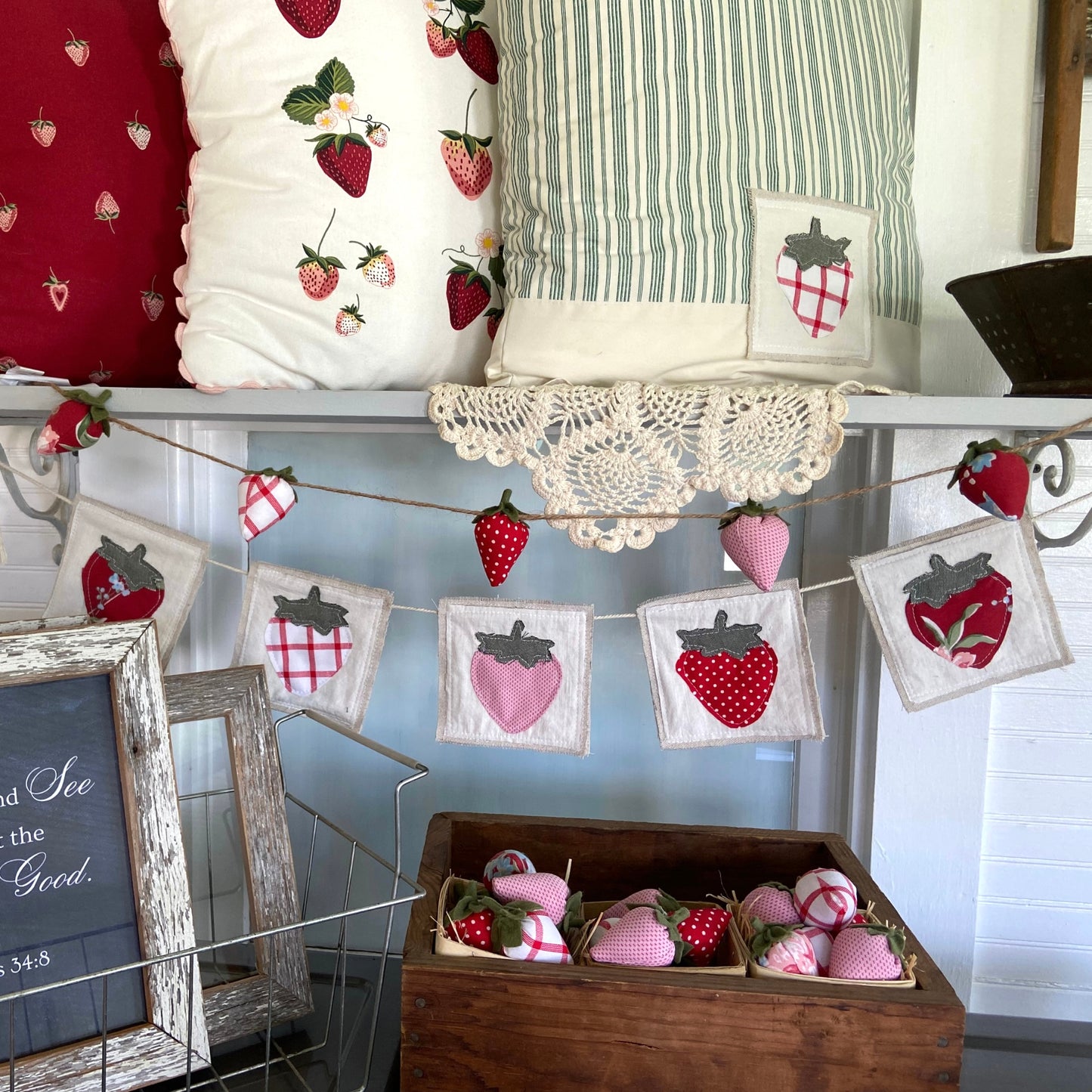 Strawberry Farmhouse Banner – 4ft Canvas & Vintage Fabric Bunting for Summer & Market Days