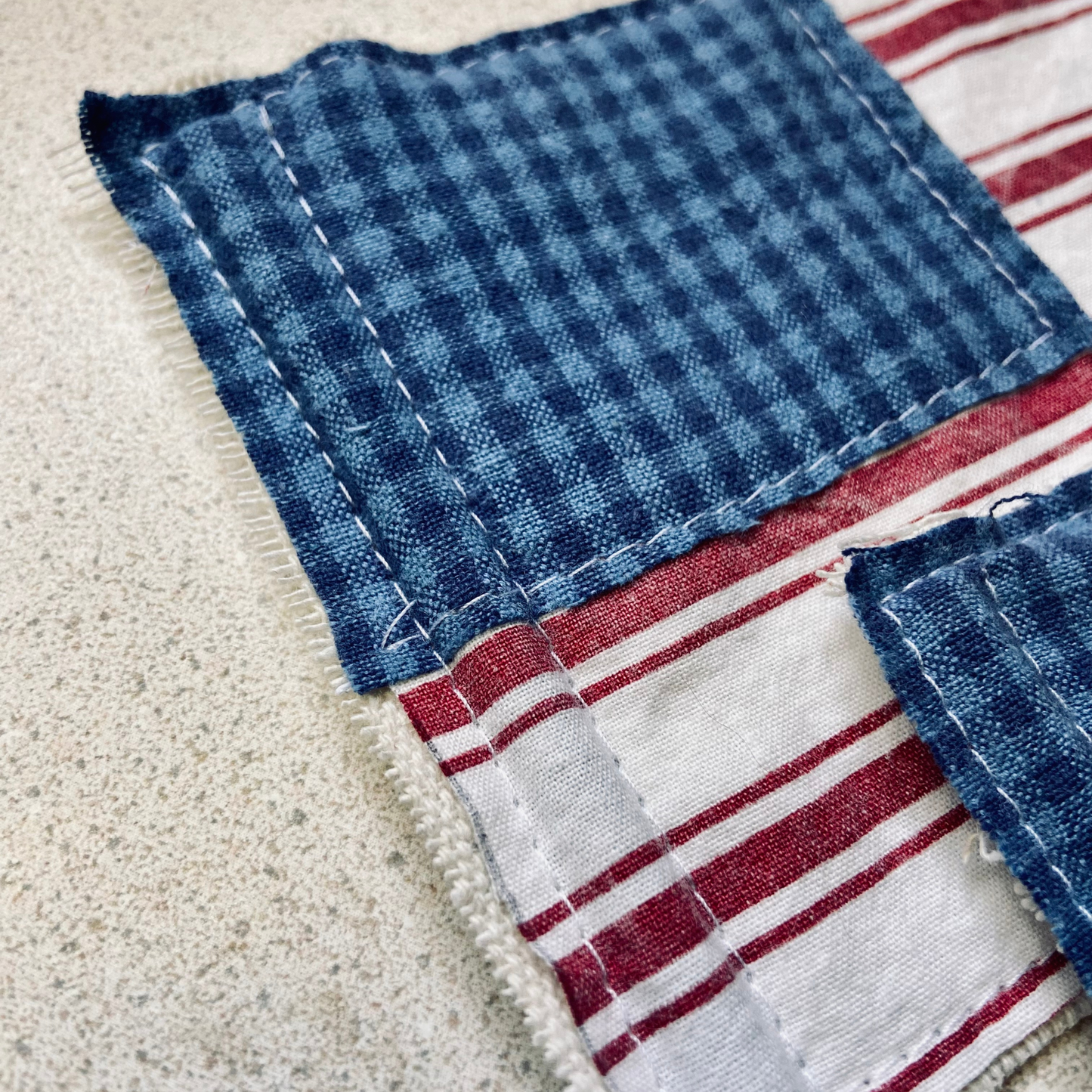 Vintage Fabric Flag on Rustic Stained Stick for 4th of July or Patriotic Decor