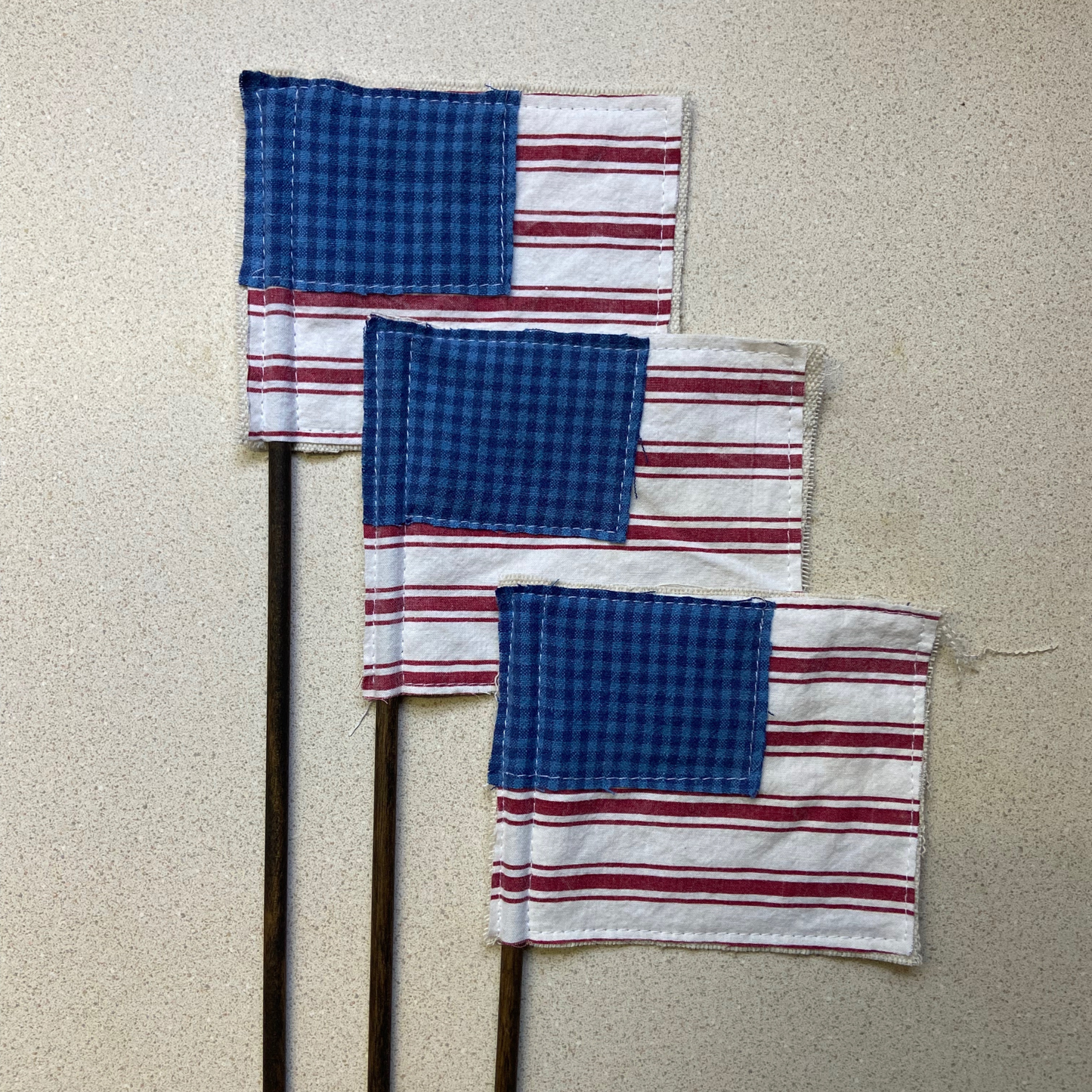 Vintage Fabric Flag on Rustic Stained Stick for 4th of July or Patriotic Decor