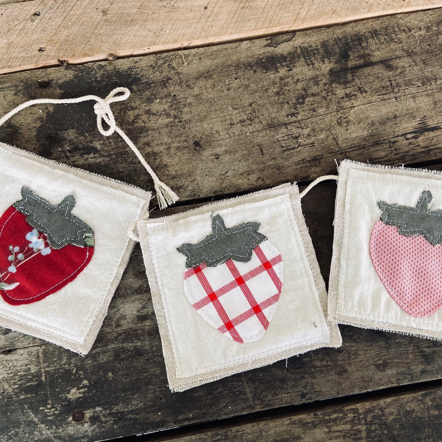 Strawberry Farmhouse Banner – 4ft Canvas & Vintage Fabric Bunting for Summer & Market Days