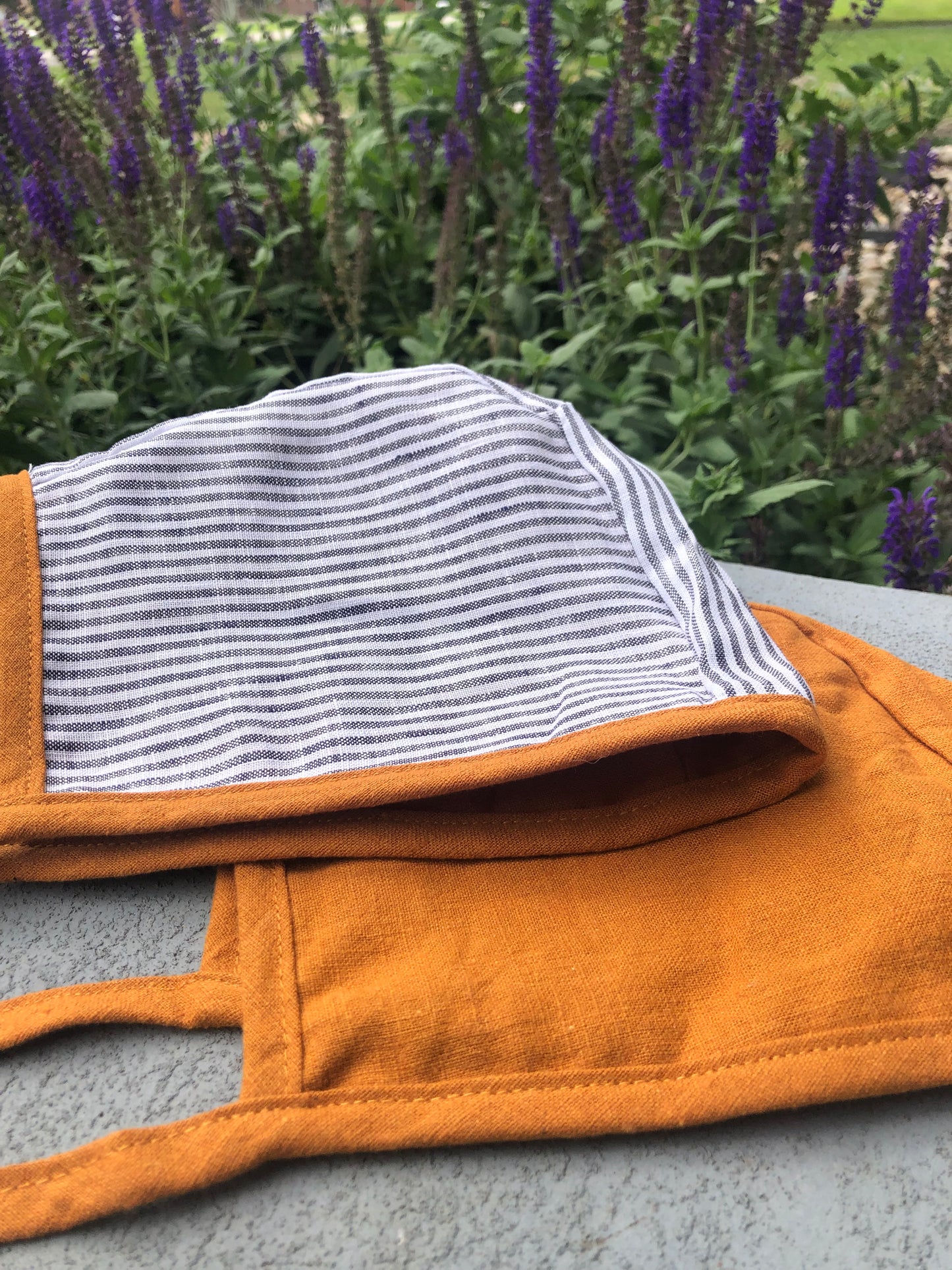 Reversible Baby Linen Bonnet-Copper/Gray & White Stripe