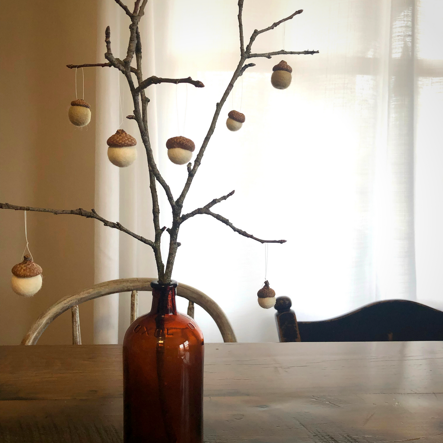 Felted Wool Acorns Tree, Fall Decor DIY Kit, Red Oak Caps, Felted Wool Balls w/ Amber Bottle