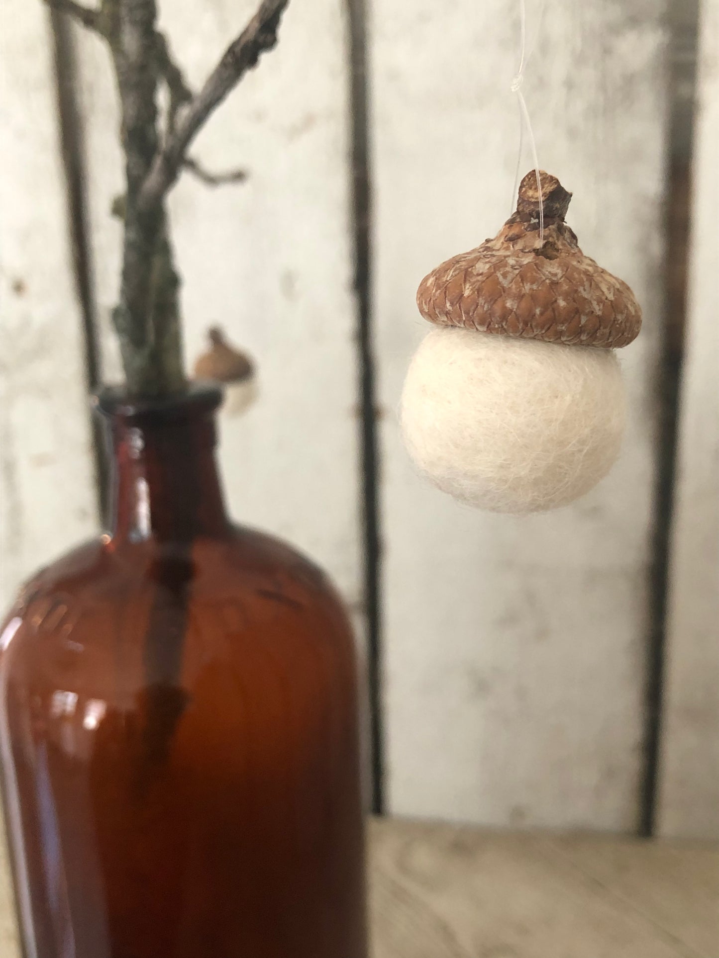 Felted Wool Acorns Tree, Fall Decor DIY Kit, Red Oak Caps, Felted Wool Balls w/ Amber Bottle