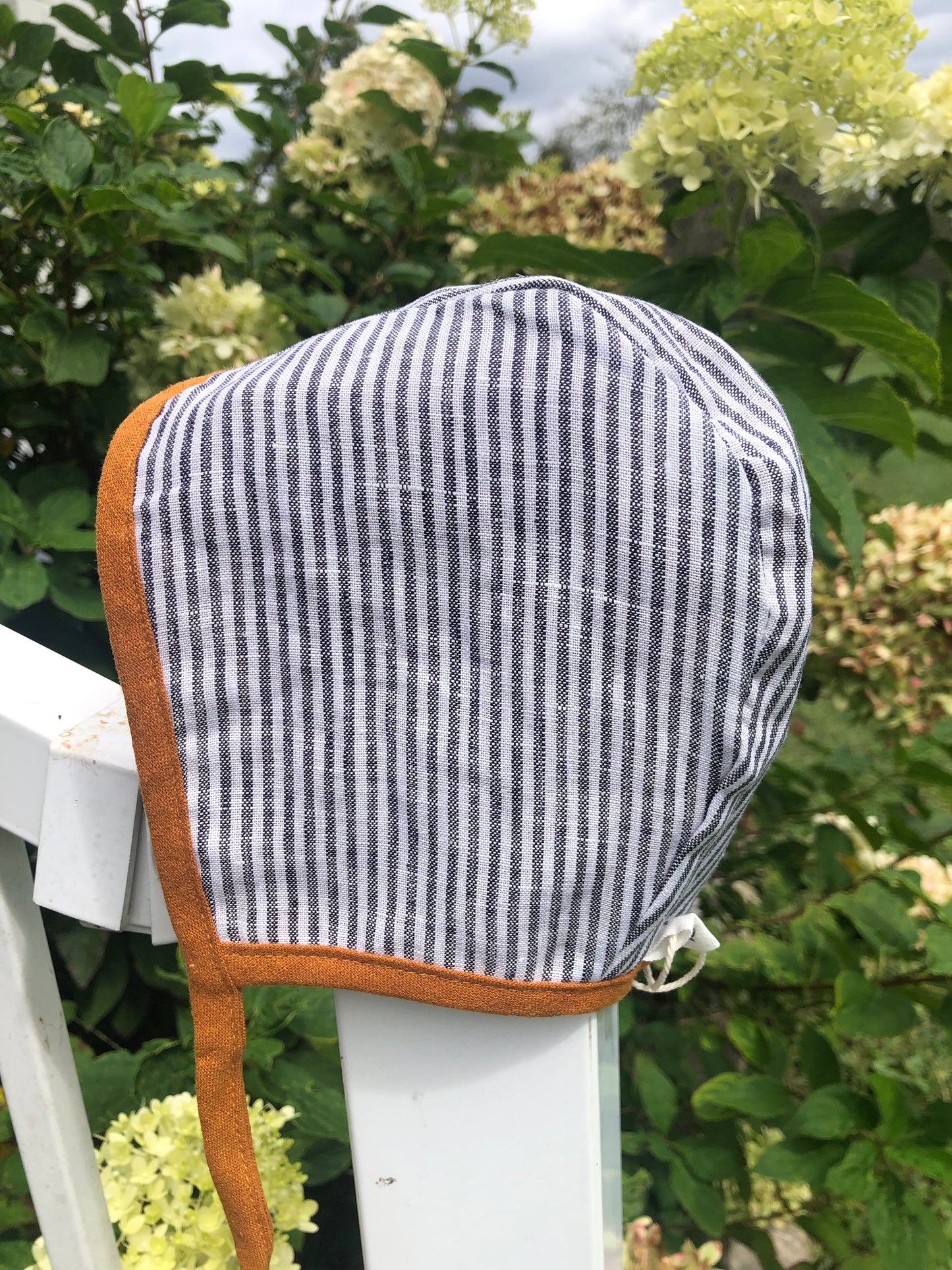 Reversible Baby Linen Bonnet-Copper/Gray & White Stripe