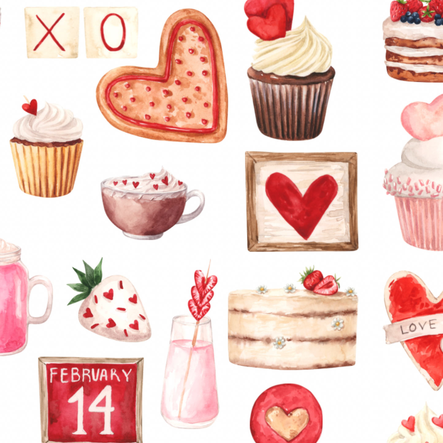 Valentine Hearts & Desserts Watercolor Stickers. Waterproof, 50-count
