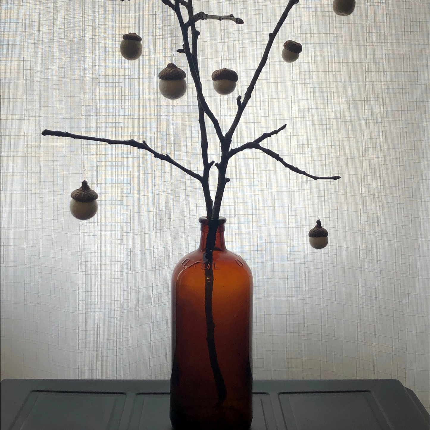 Felted Wool Acorns Tree, Fall Decor DIY Kit, Red Oak Caps, Felted Wool Balls w/ Amber Bottle