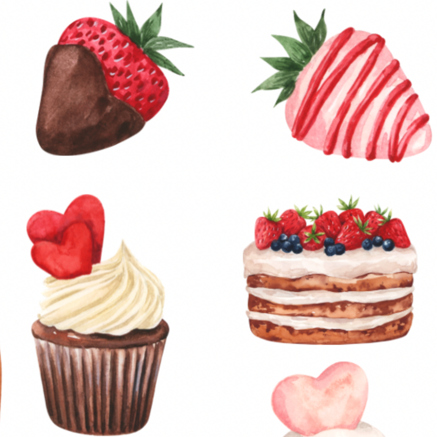 Valentine Hearts & Desserts Watercolor Stickers. Waterproof, 50-count