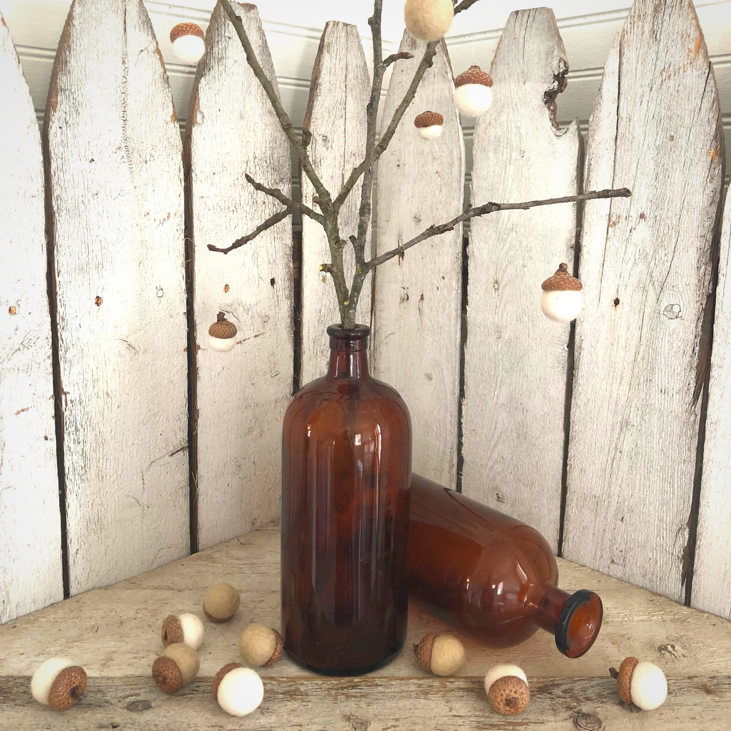 Felted Wool Acorns Tree, Fall Decor DIY Kit, Red Oak Caps, Felted Wool Balls w/ Amber Bottle