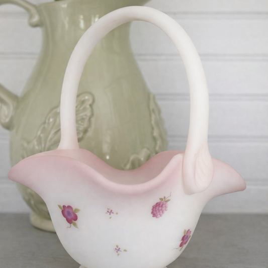 Fenton Satin Glass “Berries & Blooms” Basket – Hand Painted Pink Floral Milk Glass