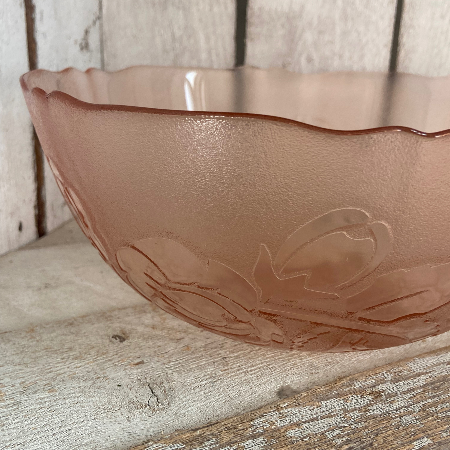 Pink Vintage Glass Serving Bowl with Flowers