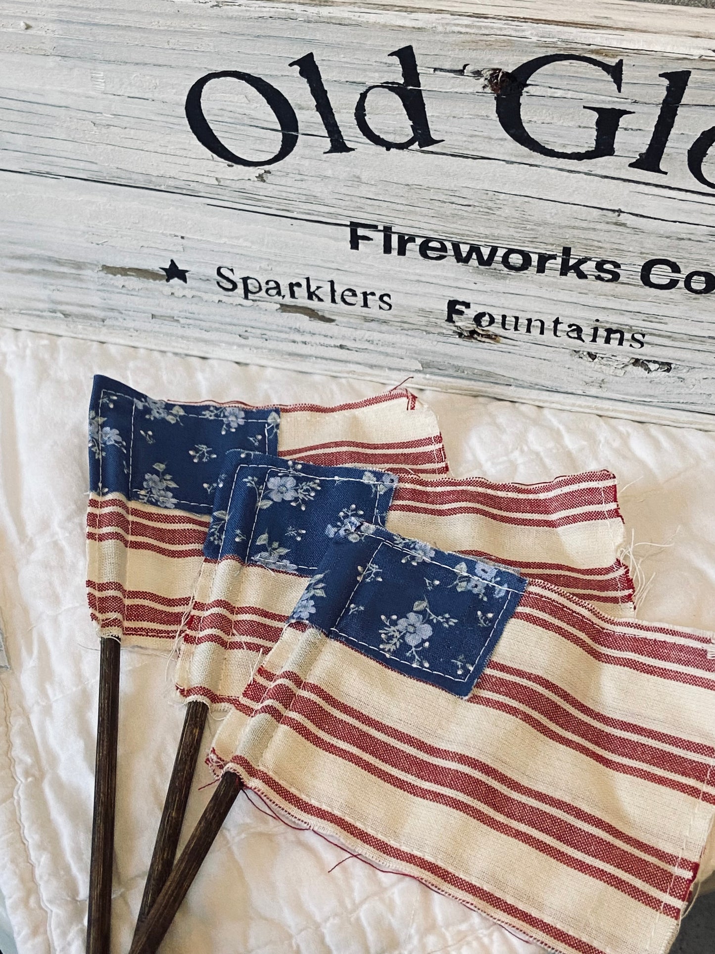 Handmade Americana Fabric Flags – Set of 3 – Vintage Patriotic 4th of July Farmhouse Decor