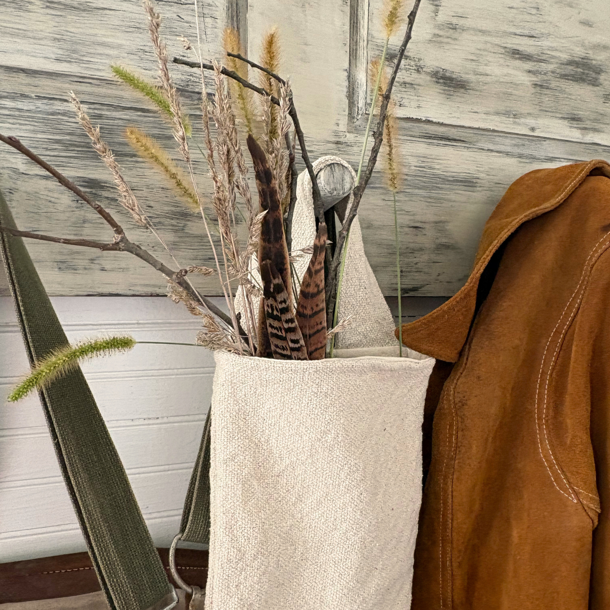 Feed Sack Hanging Bag w/ pheasant feathers & dried grasses